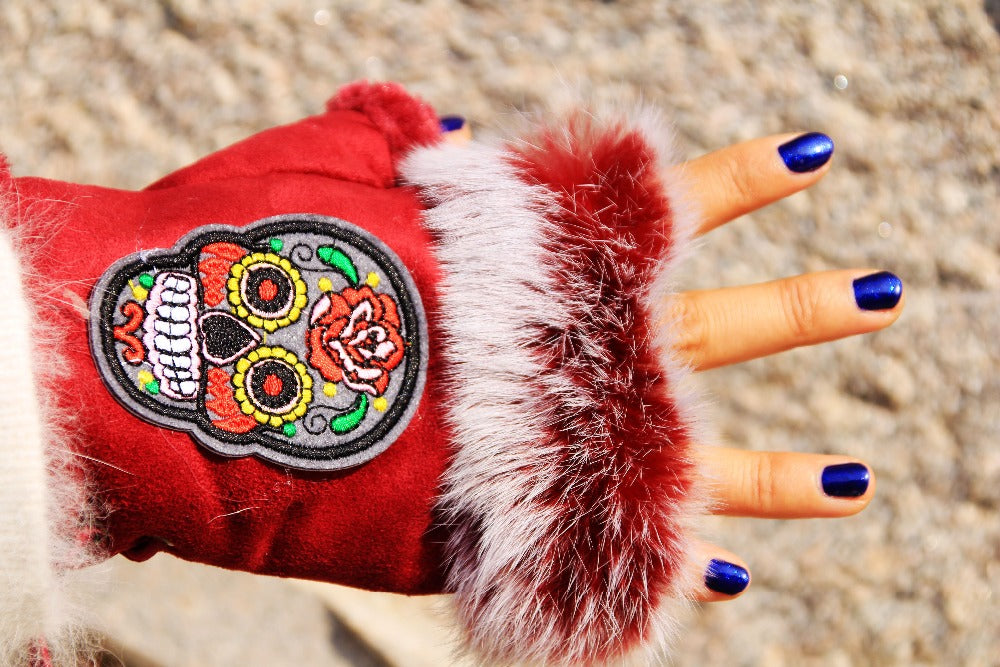 Sugar Skull Red Fingerless Fur Trim Gloves