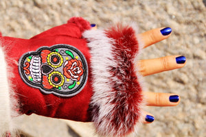Sugar Skull Red Fingerless Fur Trim Gloves