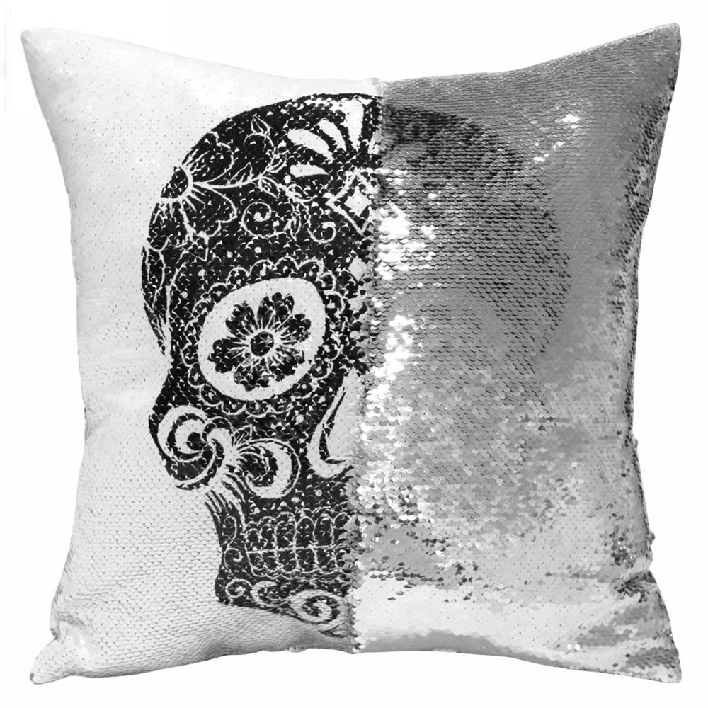 Sugar Skull Reversible Sequin Square Throw Pillow Case Black White and  Silver