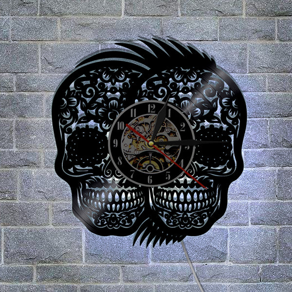 Sugar Skull Rockabilly Vinyl Wall Clock LED Color Changing Lights Blue