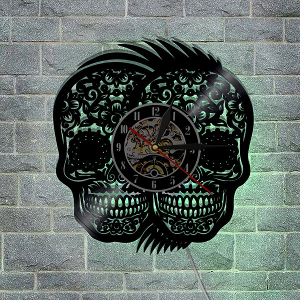 Sugar Skull Rockabilly Vinyl Wall Clock LED Color Changing Lights Green