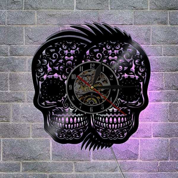 Sugar Skull Rockabilly Vinyl Wall Clock LED Color Changing Lights Purple