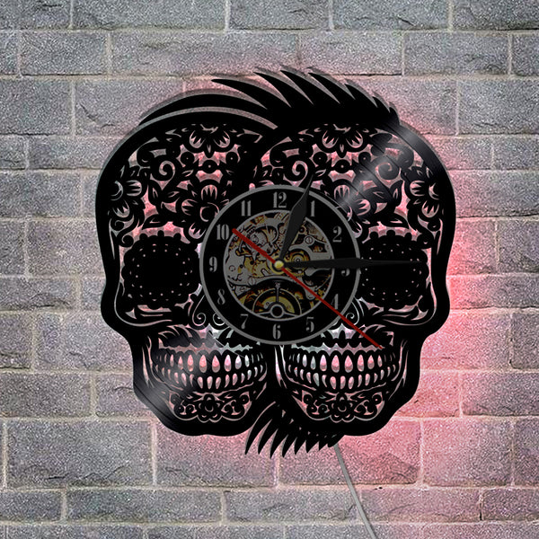 Sugar Skull Rockabilly Vinyl Wall Clock LED Color Changing Lights Red