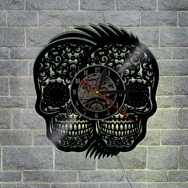 Sugar Skull Rockabilly Vinyl Wall Clock LED Color Changing Lights Yellow