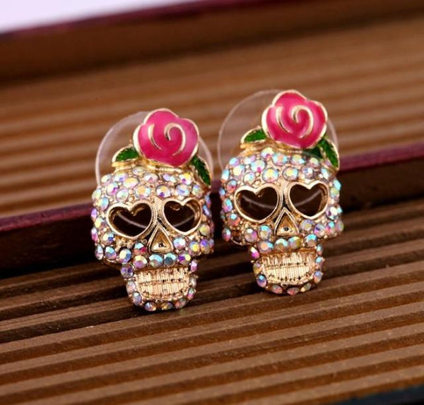 Sugar Skull Rose 'N Rhinestone Stud Earrings