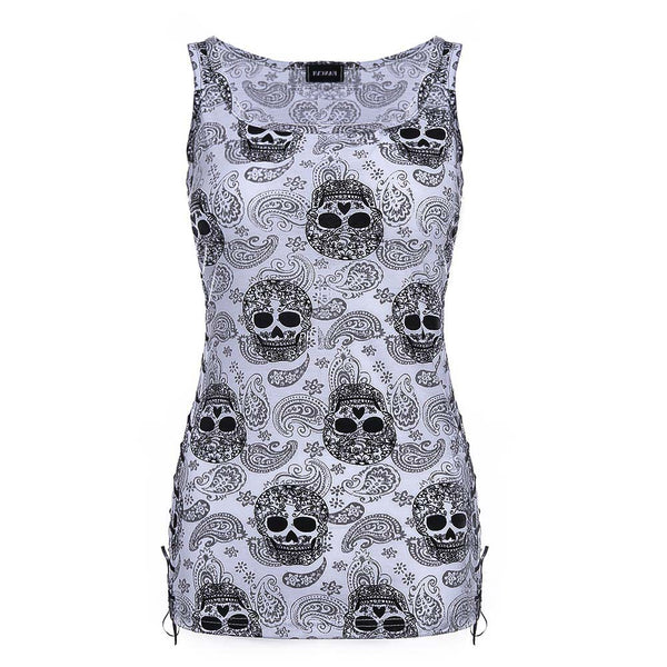Sugar Skull Side Lace Up Tank Top Front View