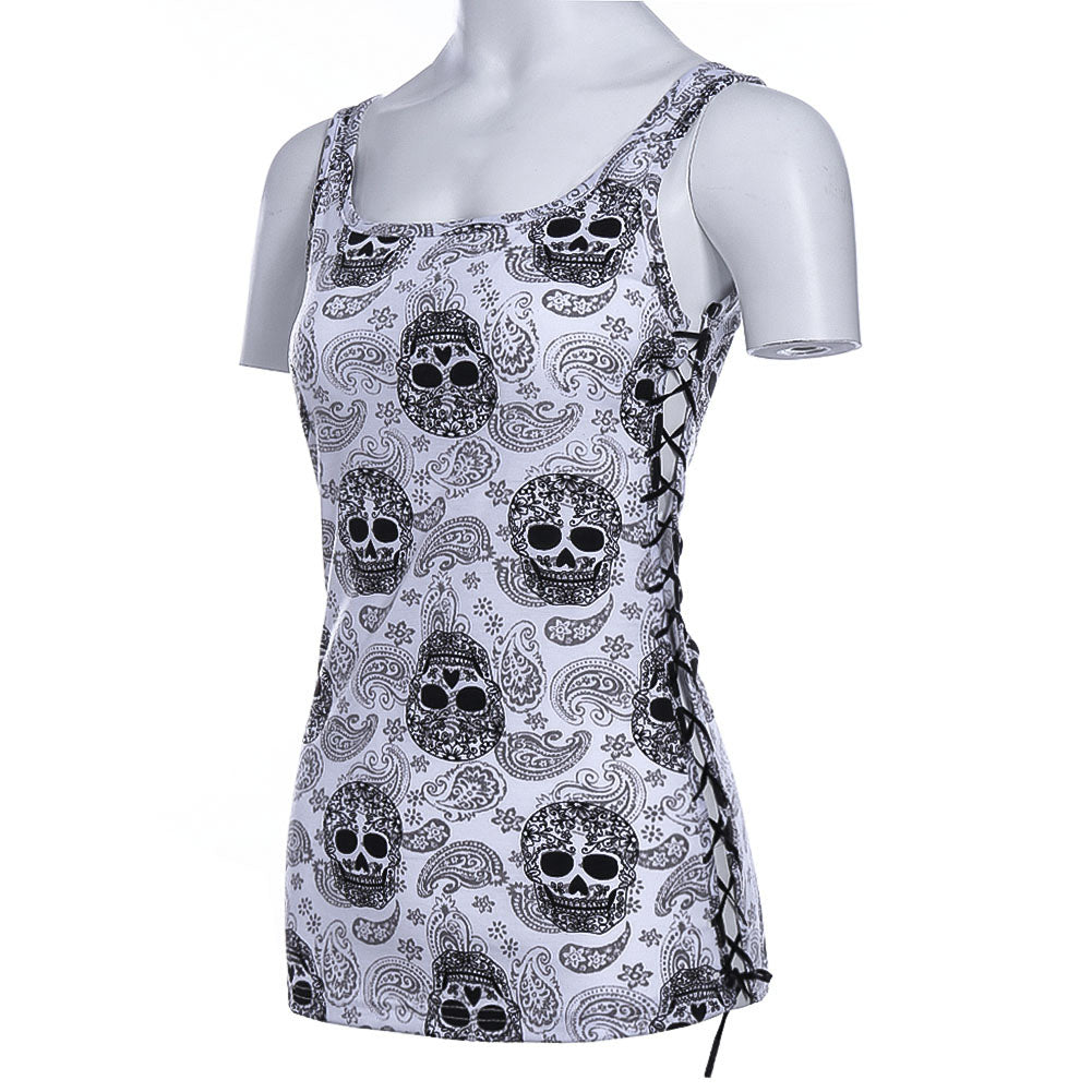 Sugar Skull Side Lace Up Tank Top