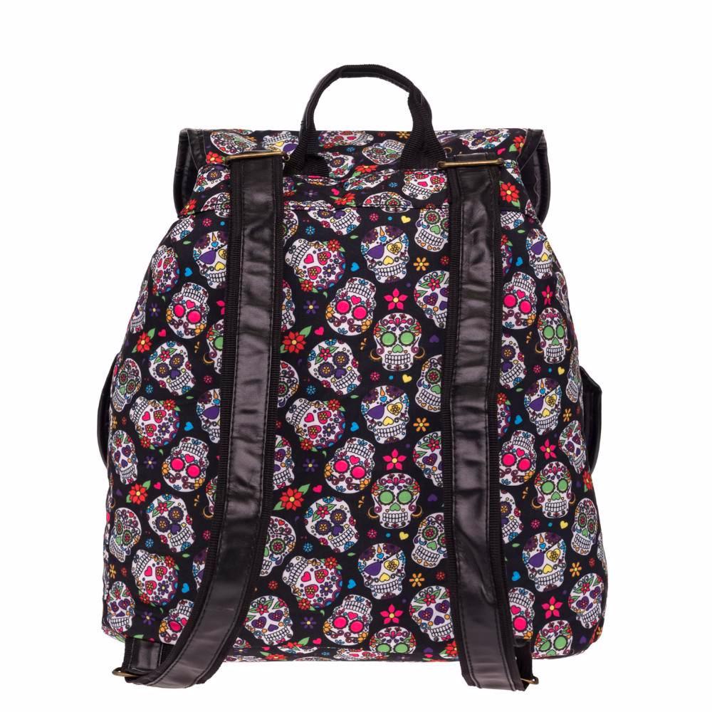 Floral Sugar Skull Black Faux Leather Backpack Sugar Skull Slouch Backpack - Boketto Box main image 3