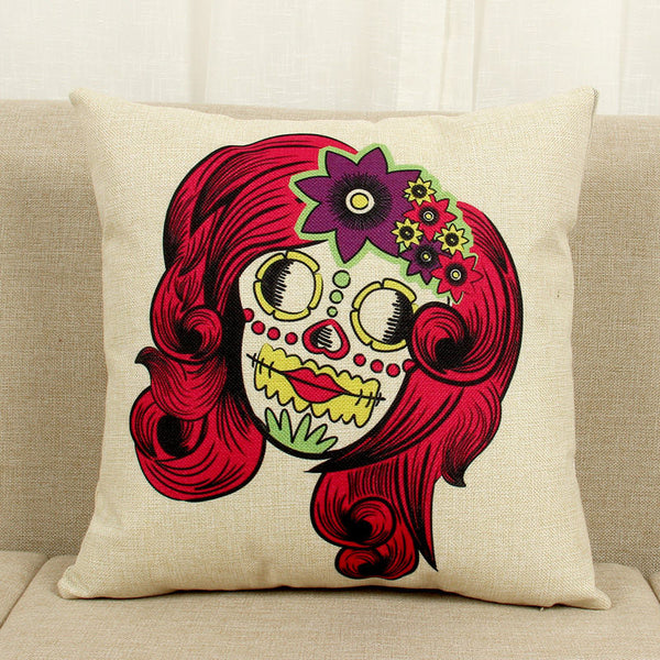 Sugar Skull Throw Pillow Covers Red Hair
