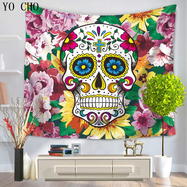 Sugar Skull Vibrant Floral Background Wall Hanging Tapestry